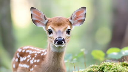 Fototapeta premium Whitetail fawn in forest, curious gaze, mossy foreground, nature background
