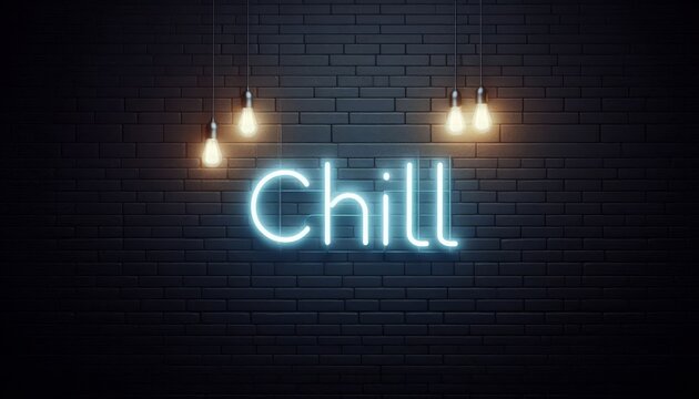Neon sign with word Chill on dark brick wall with hanging light bulbs. Nightclub and lounge bar interior concept