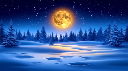 Fototapeta premium Enchanting winter night landscape under a luminous moon with snowy forest and sparkling stars in a serene blue environment