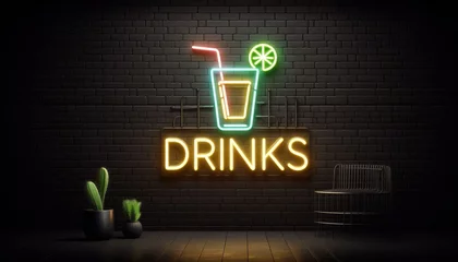 Neon sign with glowing cocktail glass and Drinks text on black brick wall, modern bar interior with plants and metal chair