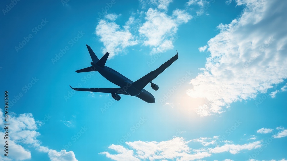 Poster Aircraft flying through a clear blue sky with clouds and sunlight visible during the afternoon. Generative AI