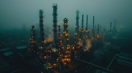 Atmospheric night-time aerial view of an illuminated oil refinery, shrouded in fog; industrial landscape.