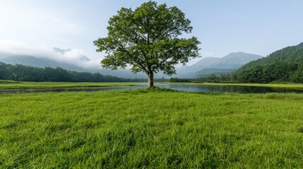Fototapeta premium Lone tree in tranquil mountain lake meadow, serene landscape, peaceful nature scene, ideal for travel brochures