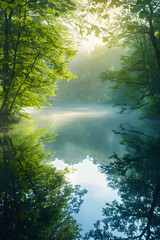 Early Morning Tranquility: Misty Forest Lake with Reflections and Golden Sunlight