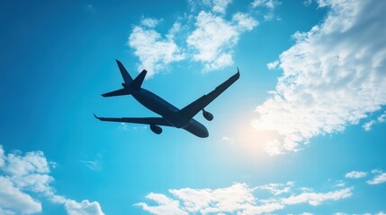 Obraz premium Aircraft flying through a clear blue sky with clouds and sunlight visible during the afternoon. Generative AI