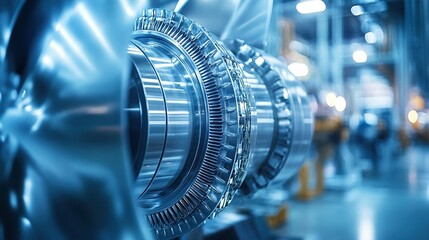A close up of a shiny metal industrial turbine engine