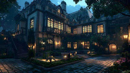 Elegant Mansion Exterior At Night Illuminated With Decorative Lights Lush Greenery And Stone Pathway