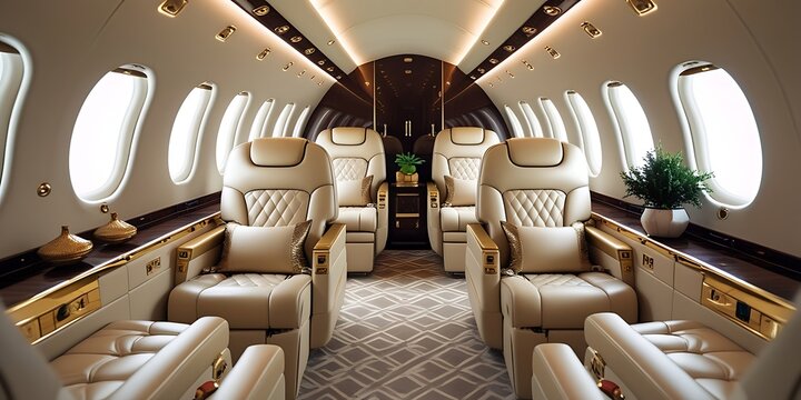 Luxurious private jet interior with elegant leather seats, ambient lighting, and modern design, exclusive high-end aviation experience, ultimate comfort and prestige in business travel

