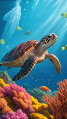 Close up of a Sea Turtle Gliding Through Vibrant Coral Reefs in Warm Ocean Waters. Generative AI
