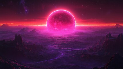 Vaporwave cityscape with radiant orb evoking retro futuristic landscapes and surreal cosmic glow with vibrant digital art aesthetics