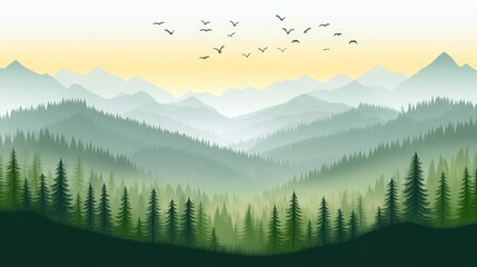 Tranquil mountain range with misty forests and vibrant sky illustration showcases peaceful nature and scenic outdoor adventures
