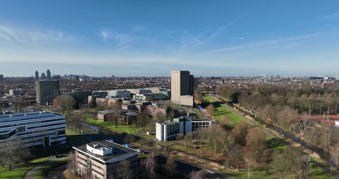 national research institute for mathematics and computer science in the Netherlands . Data center, computing center at the university of Amsterdam campus. Aerial views.