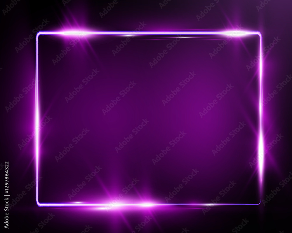 Poster purple neon glowing rectangular frame with rounded corners, sparkles, and lens flares, placed on a t