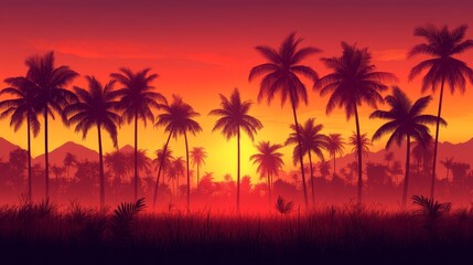 Fiery Tropical Sunset Silhouette Palm Trees Exotic Paradise Warm Evening Serenity Coastal Beauty Scenic Destination Vacation Vibe