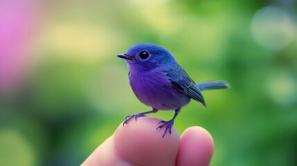 Fototapeta premium A tiny vibrant bird perched delicately on a human finger