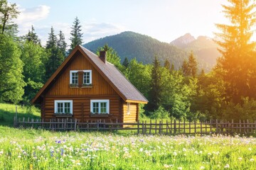 Obraz premium Cozy Wooden House Surrounded by Lush Greenery and Mountains