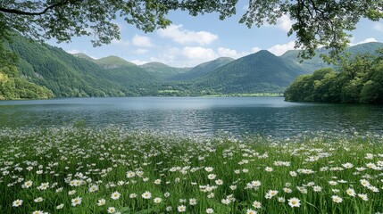 Serene mountain lake surrounded by vibrant wild flowers under a crisp blue sky for a peaceful escape into nature's beauty