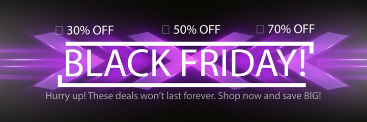 Obraz premium Black Friday sale banner with bold typography, discount percentages, glowing effects, and a modern promotional design. Perfect for advertising, e-commerce, and marketing campaigns.