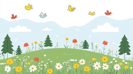Delightful Pixel Art Meadow with Wildflowers Butterflies and Evergreen Trees under a serene blue sky filled with fluffy clouds