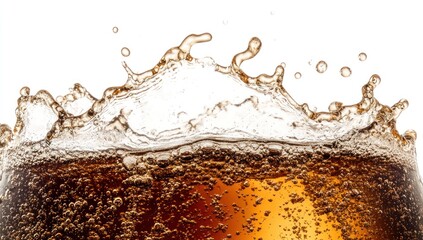 Close-up of a fizzy brown drink splashing.