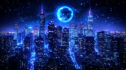 Obraz premium Futuristic urban landscape gleaming cityscape with radiant celestial body at night innovation and modernity digital panorama
