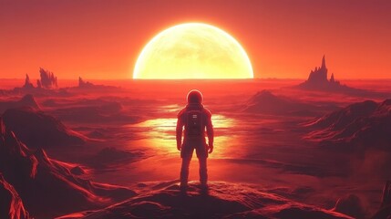 Fototapeta premium Futuristic astronaut stands silhouetted against a radiant sunrise on a distant planet conveying space exploration and cosmic wonder