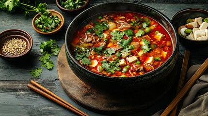 Spicy Mapo Tofu Soup with Beef and Fresh Cilantro Garnish A Delicious Asian Cuisine Recipe