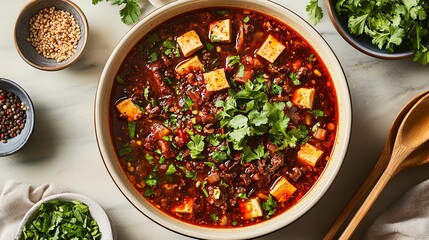 Spicy Mapo Tofu with Ground Beef and Cilantro Garnish in a Creamy Broth