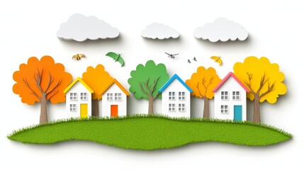 Naklejka premium Whimsical Neighborhood Scene Playful Home Cluster Tiny Houses on a Green Patch with Clouds and Trees Colorful and Cheerful