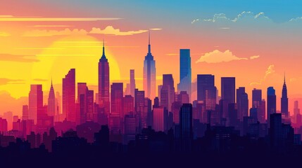 Fototapeta premium Vibrant skyline artwork, Colorful cityscape at vivid dusk illustration