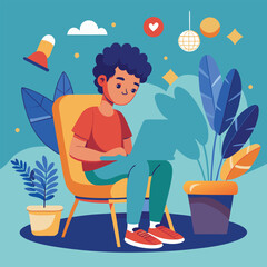 a boy is using his laptop vector