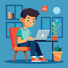 a boy is using his laptop vector