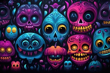 Multicolored drawn funny skulls, Halloween pattern for printing.