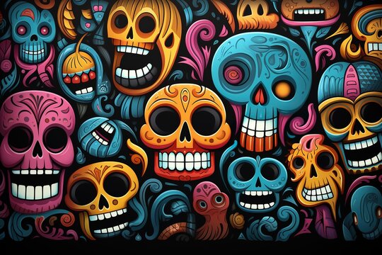 Multicolored drawn funny skulls, Halloween pattern for printing.
