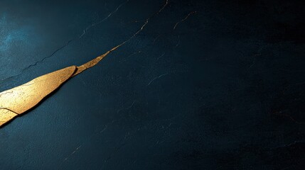 Cracked blue surface with gold repairs, abstract design, close-up, dark background