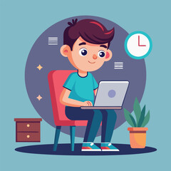 a boy is using his laptop vector
