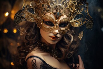 lose-up portrait of a young woman wearing a luxurious masquerade mask made of gold and precious stones. 
