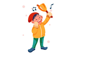 Joyful Boy Ringing Bell in Winter Illustration