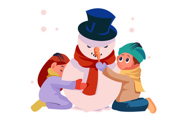 Children Playing Snow in Winter Season Christmas Illustration