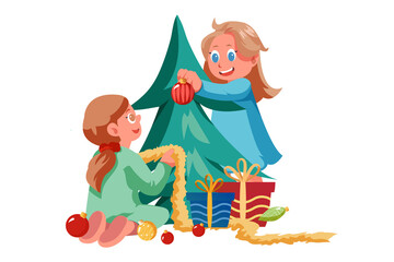 Children Decorating Christmas Tree with Ornaments Illustration