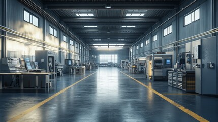 Modern production workshops, workstations, isometric perspective displays depth and scale, highlighting the efficiency of modern industrial design with cinematic lighting and fine textures.