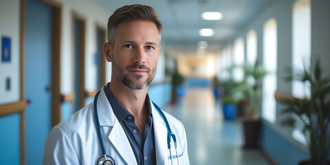 Fototapeta premium Confident male doctor in a white coat with a stethoscope standing in a modern hospital corridor, professional healthcare worker, medical expert, trusted physician, clinical environment
