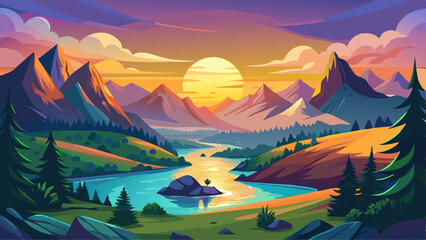 Majestic sunrise over a tranquil mountain valley with a winding river and lush greenery © williamnoah