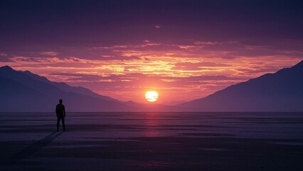 Fototapeta premium Lone traveler at sunset horizon