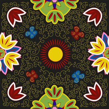 floral abstract pattern with butterflies and laine on black background