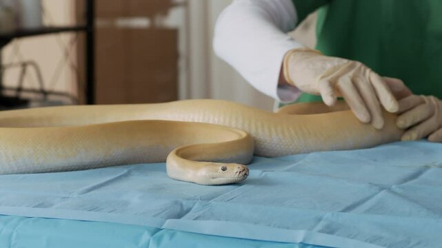 Cropped shot of anonymous healthcare specialist examining skin of yellow python snake wriggling on table in clinic