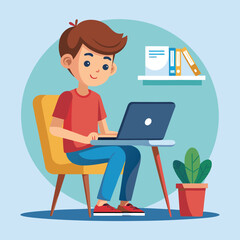 a boy is using his laptop vector