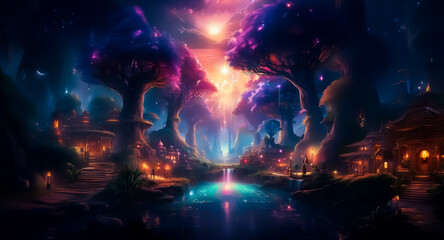 Fototapeta premium A vibrant fantasy landscape at night features glowing purple and blue trees, small houses with warm lights, and a reflective body of water. A magical, whimsical scene unfolds in this colorful, enchan