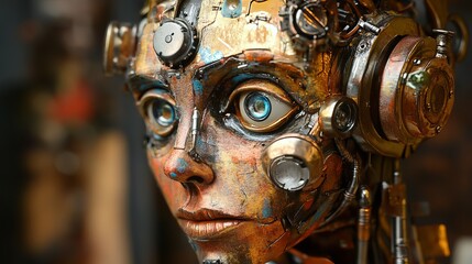 Obraz premium Steampunk Robot Woman Face Detailed Portrait Artistic Bronze Gold Mechanical Gears Cyberpunk Futuristic Art Digital Painting Illustration head eyes 