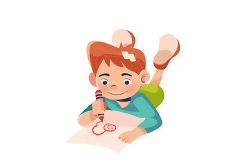 Boy Drawing with Crayon on Paper Illustration